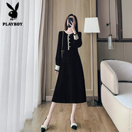 花花公子（PLAYBOY）法式復古金絲絨連衣裙女2025新款顯瘦氣質(zhì)燈芯絨赫本風(fēng)a字裙子秋 黑色 M 【80-100斤】