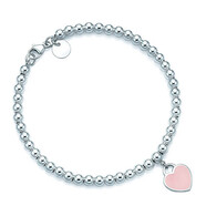 恒久葉手鏈S925純銀蒂家琺瑯藍心愛(ài)心形佛珠手串提夫尼女手鐲鈴鐺水滴 粉色15+5cm