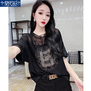 莫代爾歐洲站2026新款時(shí)尚性感網(wǎng)紗領(lǐng)短袖t恤寬松時(shí)尚燙鉆雪紡上衣 黑色 L 【建議106-115斤】