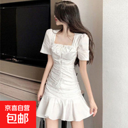 2026夏季法式仙女褶皺方領(lǐng)收腰顯瘦荷葉邊連衣裙魚(yú)尾包臀短裙子潮 白色 M
