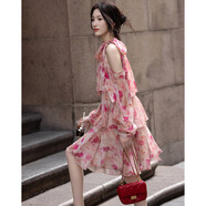 德瑪納【熱谷永夏】春夏優(yōu)雅風(fēng)露肩系帶鉆石雪紡暈染印花連衣裙女