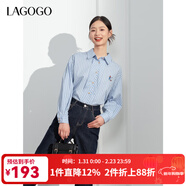 LAGOGO純棉藍白條紋刺繡長(cháng)袖襯衫女拉谷谷春秋新款清新百搭上衣 藍白(NV) XL