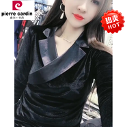 皮爾卡丹（pierre cardin）長(cháng)袖v領(lǐng)打底衫女2025春新款金絲絨修身上衣網(wǎng)紗拼接T恤衫時(shí)尚氣質(zhì) 黑色(西裝) 2XL _建議130-140斤