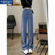 莫代爾春夏秋胖mm大碼牛仔長(cháng)褲女拖地直筒闊腿寬松高腰拖地顯瘦加肥褲子 圖片色 常規 L