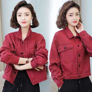 AEMAPE短款牛仔外套女2026年春款女裝潮韓版寬松BF休閑夾克牛仔上衣女 酒紅色 M 建議105-115斤