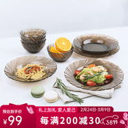 多萊斯法國多萊斯餐具碗碟套裝家用4人輕奢餐具高檔玻璃餐具碗盤(pán)子套裝 歐式螺紋咖啡色8件 8頭