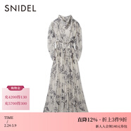 SNIDEL秋冬氣質(zhì)淑女泡泡袖堆領(lǐng)束腰百褶雪紡印花連衣裙SWFO234120 深藍色 S （0）