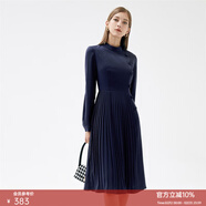 顏域長(cháng)袖立領(lǐng)法式連衣裙女秋裝2024年新款女士收腰顯瘦氣質(zhì)百褶裙 深藍 XL/42