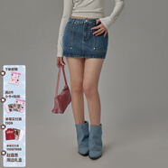 CHUU條紋水洗牛仔半身裙女2026春季新品桃花鉚釘包臀a字短裙子 牛仔藍 M