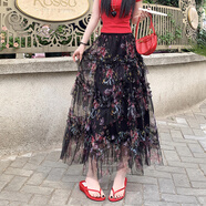 妹丫2026春重工拼接印花網(wǎng)紗蛋糕裙半身裙女新款顯瘦裙子長(cháng)裙半裙傘裙 黑色 L