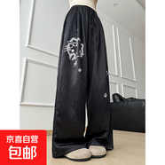 復古小貓涂鴉設計寬松休閑褲女2024新款夏季慵懶涼涼褲闊腿拖地褲 黑色-常規款 L