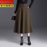 CALCULAT&KEEN毛呢A字半身裙女2025秋冬新款高腰百搭修身顯瘦中長(cháng)款百褶大擺裙 咖色 裙長(cháng)80CM左右 3XL 24 腰圍2尺4左右/130-140斤