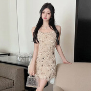 漢卿中夏高端性感生日宴會(huì )pty小眾吊帶裙甜美公主風(fēng)修身顯瘦包臀連衣裙 杏色 亮片 S