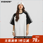 viishow學(xué)院風(fēng)落肩袖條紋短袖t恤男夏季國潮街頭上衣半袖百搭潮牌 黑灰拼色 S