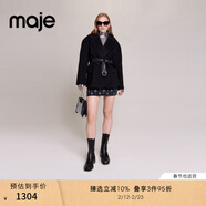 Maje秋冬女裝羊毛混紡黑色西裝領(lǐng)系帶收腰短款毛呢大衣 黑色 XS (34)