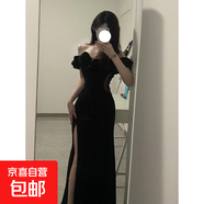 高開(kāi)叉長(cháng)裙設計感時(shí)尚小眾到腳踝超長(cháng)款晚禮服抹胸一字肩連衣裙女 黑色 S