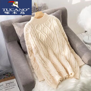 啄木鳥(niǎo)（TUCANO）毛衣女寬松慵懶風(fēng)紅色麻花套頭中長(cháng)款秋冬外穿加絨加厚針織羊毛衫 米白色 S
