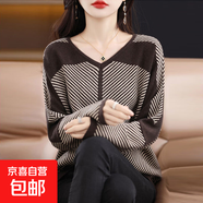 法式V領(lǐng)拼色條紋蝙蝠袖針織衫秋冬寬松百搭毛衣打底衫洋氣上衣女 5592咖色 S  【建議80斤-95斤】