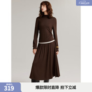 ELLE咖色拼接撞色假兩件兔毛連衣裙女2024冬季新款設計感長(cháng)款裙子 咖色 S