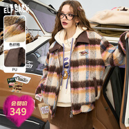 妖精的口袋復古格紋pu拼接毛絨絨外套女2024年秋冬新款學(xué)院風(fēng)夾克 復古格紋咖色 常規 S