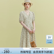 范思藍恩23FS12521茶歇法式雪紡碎花連衣裙女夏V領(lǐng)海邊度假長(cháng)裙子 米底黃花 XS