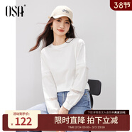 歐莎（OSA）白色薄款T恤女士長(cháng)袖寬松女裝2025年秋新款季蕾絲拼接上衣百搭 白色 L