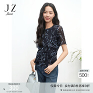 玖姿（JUZUI）藝術(shù)感印花網(wǎng)紗短袖打底衫2025夏季新款JTFX80308 花丈青 M