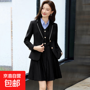 西裝馬甲連衣裙套裝女春秋2025新款英倫學(xué)院風(fēng)JK制服老師園服 黑色外套+691#藍條襯衫+905#連衣裙 2XL