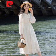 皮爾卡丹法式度假風(fēng)泡泡袖白色連衣裙女早秋新款氣質(zhì)感鏤空蕾絲A字裙 白色今年流行的輕奢品牌 3XL 【建議156-176斤】