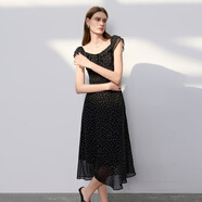 三彩2026春季新款大圓領(lǐng)荷葉邊印花雪紡連衣裙A字長(cháng)裙