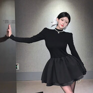 何健弓良木禮女裝赫本風(fēng)小黑裙秋冬芭比公主富家千金連衣裙半高領(lǐng)長(cháng)袖甜 半高領(lǐng)連衣裙收藏關(guān)注送項鏈 S