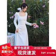 GARNUO白色長(cháng)袖連衣裙子女春秋法式小個(gè)子高級感禮服領(lǐng)證小白裙收腰長(cháng)裙 白色【長(cháng)袖】 XS 【80-100斤】