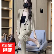 大碼胖mm女秋西裝套裝氣質(zhì)職業(yè)裝西褲洋氣休閑小西服兩件套200斤 卡其色 【兩件套】 4XL 建議170-195斤