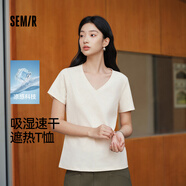 森馬（Semir）短袖t恤女涼感抗菌正肩修身2026夏顯瘦V領(lǐng)白色打底衫109326100002