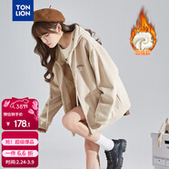 唐獅（TonLion）2025針織外套女休閑衛衣開(kāi)衫連帽上衣 加絨款/淺卡其 L
