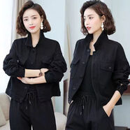 AEMAPE短款牛仔外套女2026年春款女裝潮韓版寬松BF休閑夾克牛仔上衣女 黑色 M 建議105-115斤