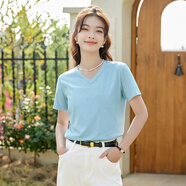 艾路絲婷夏裝新款T恤女短袖上衣韓版修身體恤TX3560 V領(lǐng)淺藍色 M