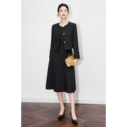 SHXI【原版質(zhì)量】-法式感氣質(zhì)方領(lǐng)無(wú)袖收腰大擺連衣裙中長(cháng)宴會(huì )禮服新 外套+連衣裙套裝 S