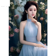 皮爾卡丹（pierre cardin）感氣質(zhì)茶歇法式風(fēng)掛脖背心連衣裙夏季收腰無(wú)袖雪紡長(cháng)裙 淺藍色 L 105-115斤