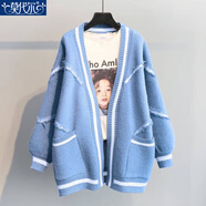 莫代爾軟糯針織衫女2026春秋冬新款時(shí)尚韓版寬松顯瘦加厚長(cháng)袖毛衣開(kāi)衫 藍色 2XL _建議131-155斤