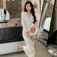 秋季新款女裝法國小眾性感V領(lǐng)長(cháng)袖連衣裙感蕾絲長(cháng)裙子晚禮服 米白色 XL