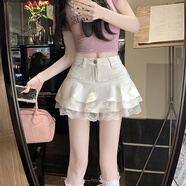 妹丫2026春季美式純欲風(fēng)辣妹設計感彈力牛仔蛋糕百褶半身裙褲裙子女 白色 L