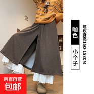 拼接蕾絲花邊闊腿褲女2025新款秋冬加絨百搭高腰休閑寬松顯瘦裙褲 咖色-小個(gè)子 150-158cm穿 S 80-100斤穿