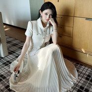 2025年秋冬新款毛呢拼接雪紡百褶長(cháng)款連衣裙子氣質(zhì)修身短袖小洋裝 米白色 M