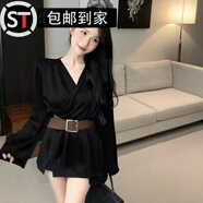 山頭林村紫淑女裝感法式氣質(zhì)緞面收腰顯瘦長(cháng)袖襯衫性感名媛V領(lǐng)腰帶不規則 黑色送腰帶 S