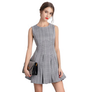 2024春季新款女裝歐美新款氣質(zhì)無(wú)袖灰格紋時(shí)尚修身連衣裙一件代銷(xiāo) 灰色 M