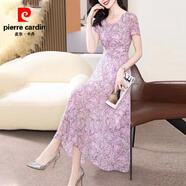 皮爾卡丹輕奢優(yōu)雅印花雪紡連衣裙女夏2026新款流行超仙沙灘裙修身顯瘦長(cháng)裙 紫色 2XL