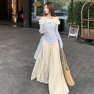 卡汐沐純欲風(fēng)花朵一字領(lǐng)不規則T恤上衣闊腿休閑褲女2026早春新款兩件套 杏色闊腿褲 L 106-115斤