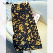 GCRZW輕奢醋酸碎花半身裙中長(cháng)女夏季2026新款高腰夏季一步包臀裙a字裙 黑底黃花 M /27 建議95-105斤