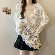 小紅書(shū)爆款蕾絲V領(lǐng)長(cháng)袖內搭衣女春秋2026大尺碼獨特氣質(zhì)中長(cháng)版 白色蕾絲衫大尺碼女裝/冷淡系/春秋/秋季/秋冬/女神范/ L 【建議100-120斤】